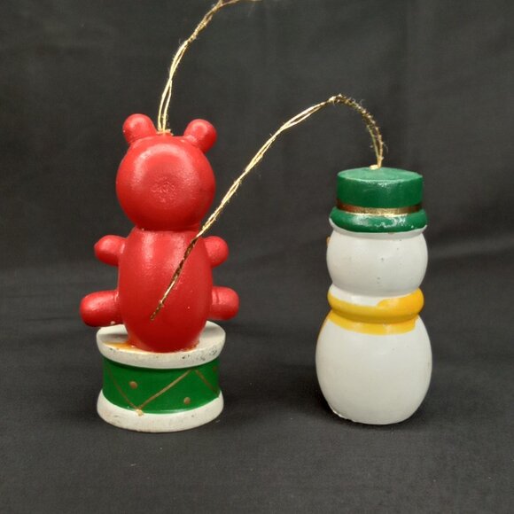 Vintage Christmas Ornament Set Of 2 Wood Snowman & Bear Handpainted 1980s - Picture 4 of 7